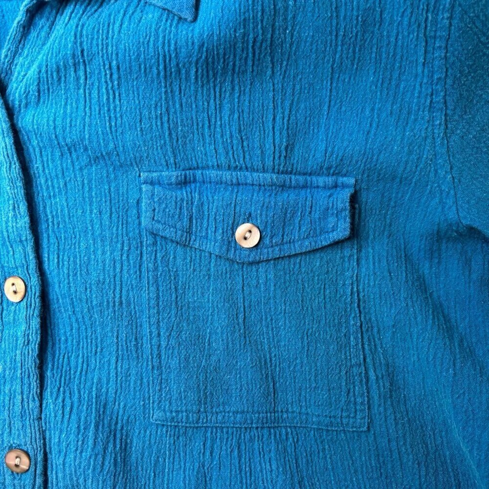 CHICO'S Blouse Women's 2 Medium Teal Roll Tab Sleeve Button Up Collared Casual - Picture 2 of 4